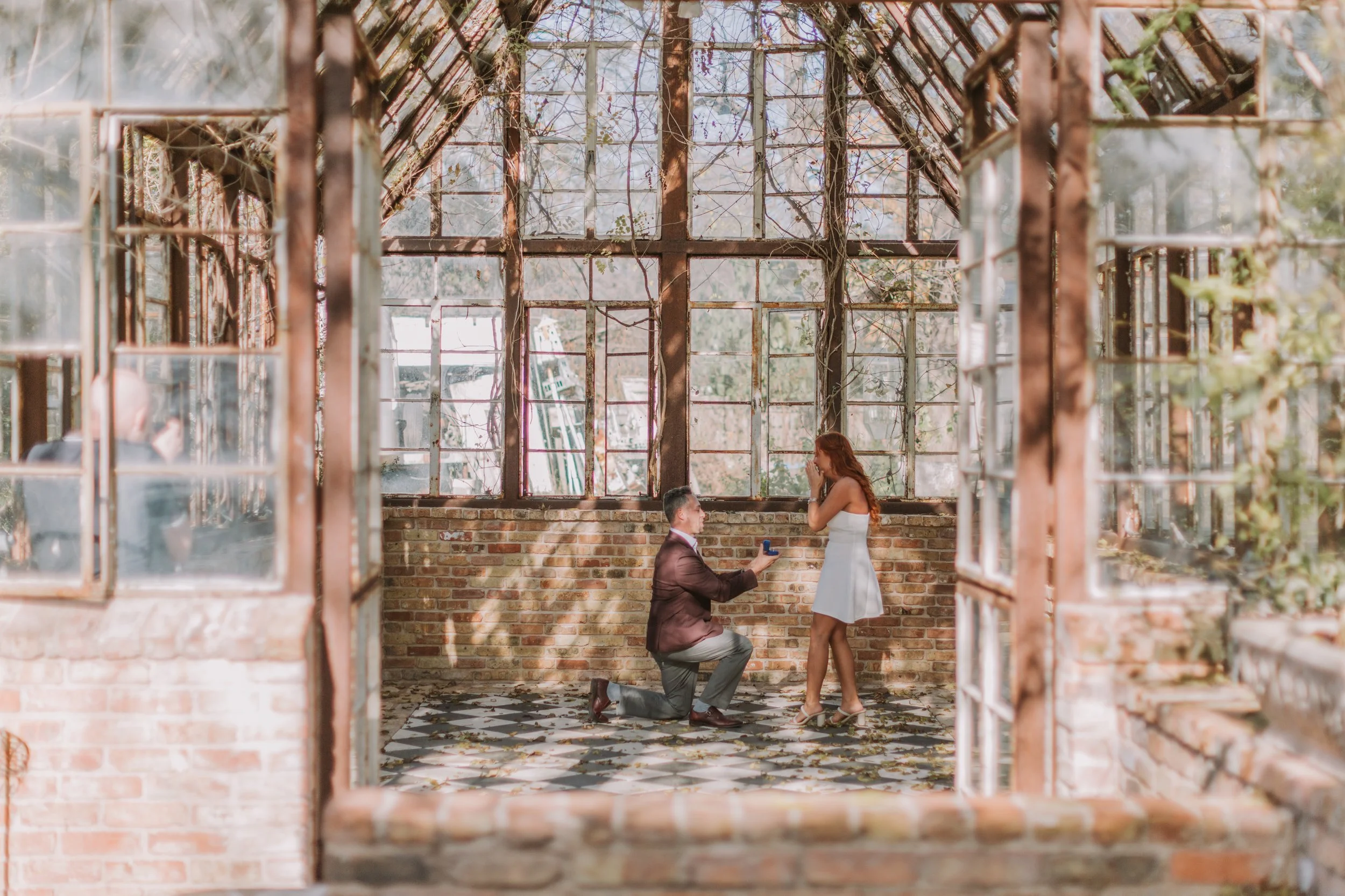 James kneeling with the ring as Kelli reacts inside the vine-covered glass greenhouse at the Sekrit Theater, Austin